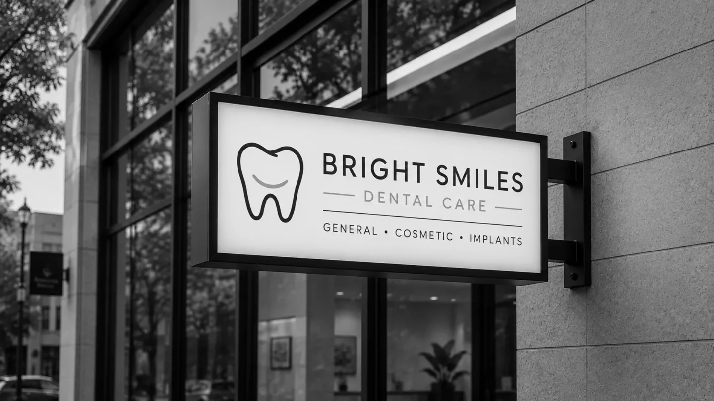 Signage mistakes example showing a dental clinic building sign with clear branding, readable typography, proper placement, lighting, and professional design.