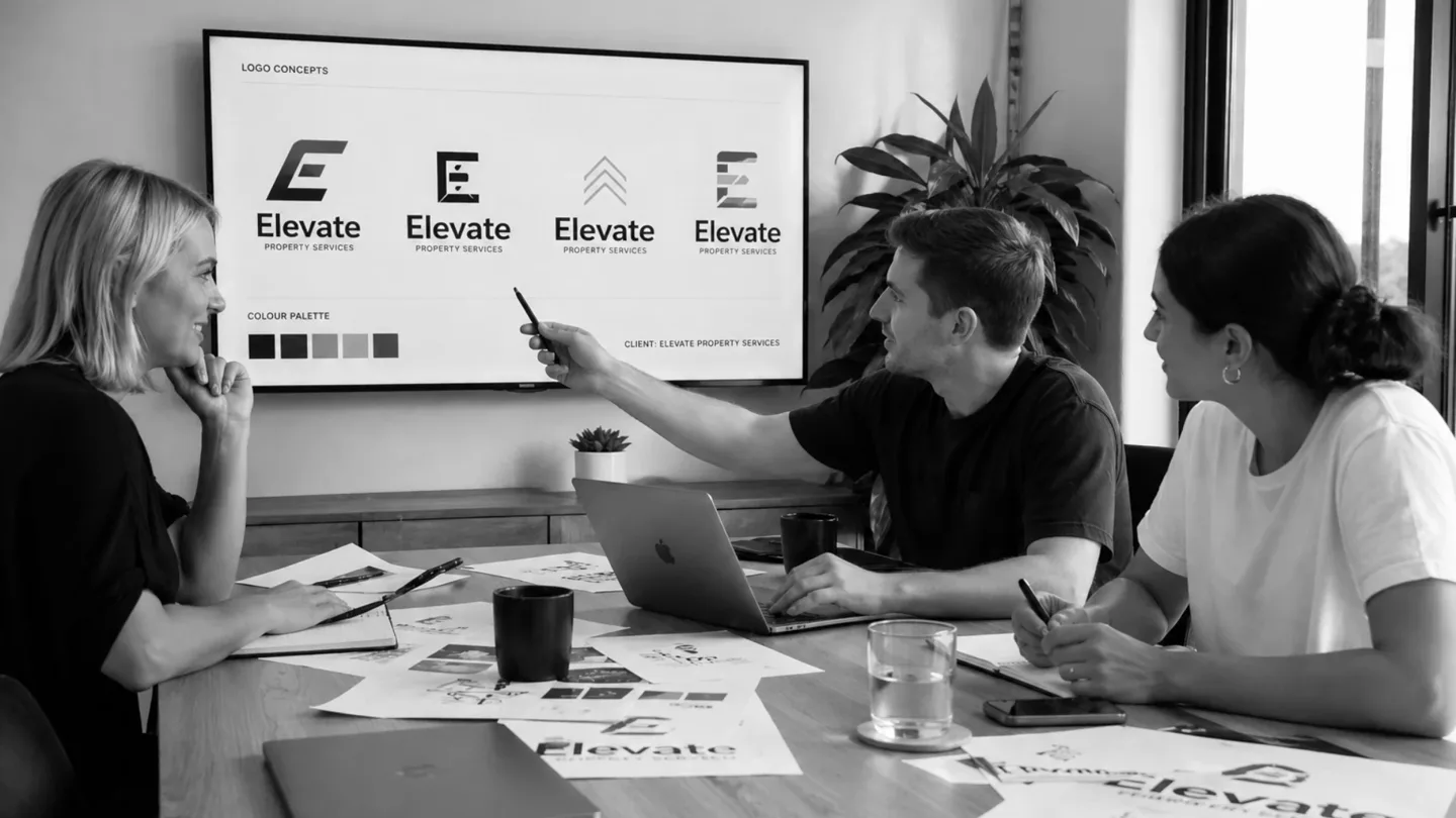 Team collaborating on branding project, highlighting cost of logo design in Melbourne.