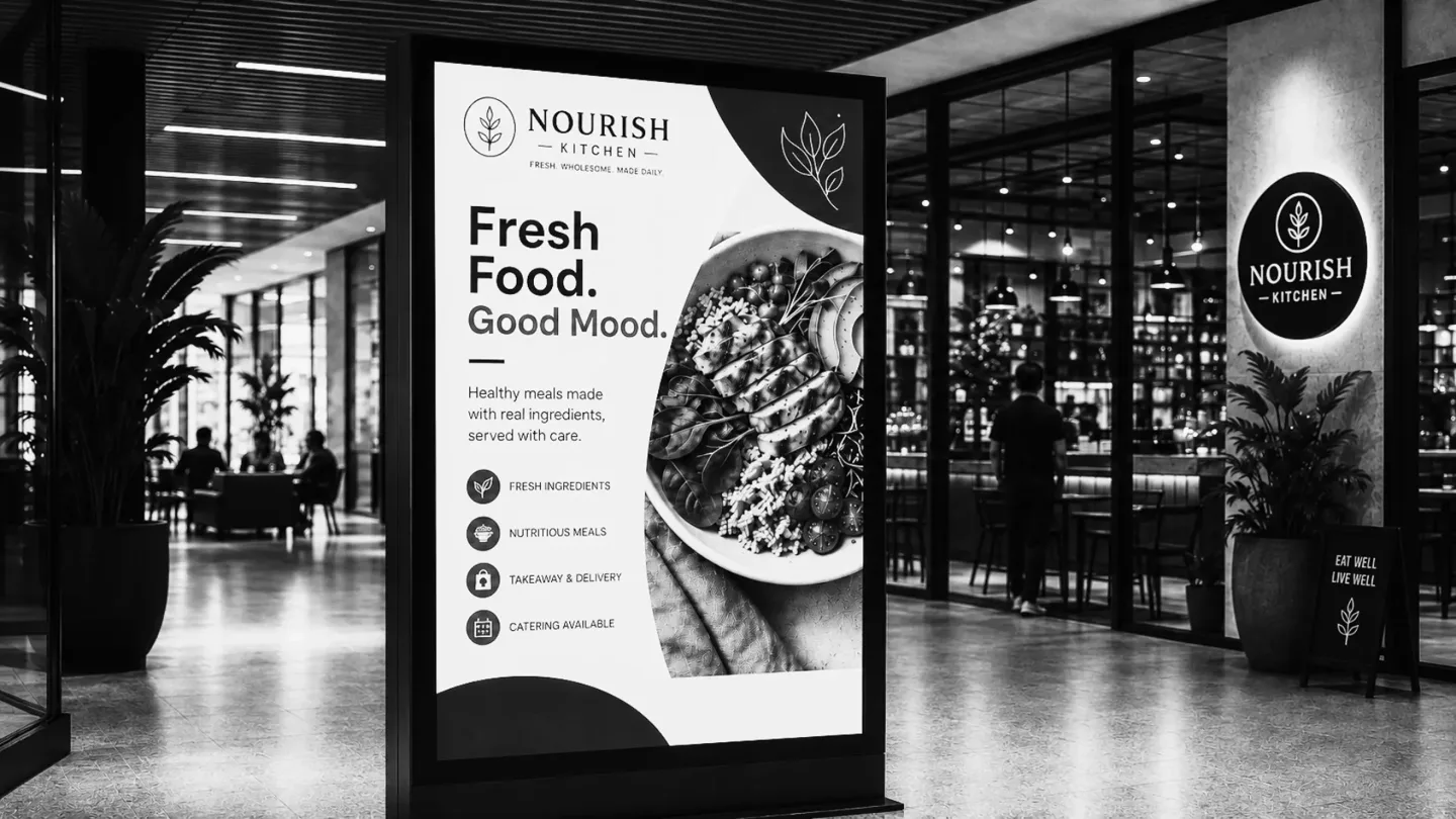 Freestanding digital signage display showing a restaurant's promotional menu content in a shopping centre