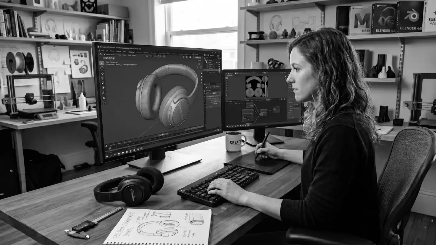 A designer working on how to create a 3D product model of headphones using Blender software