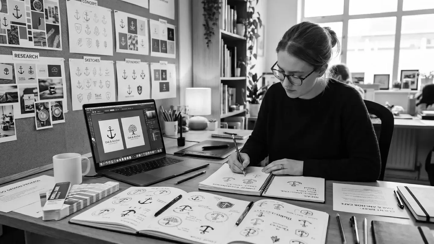Professional logo design process showing designer creating custom logo concepts by hand.