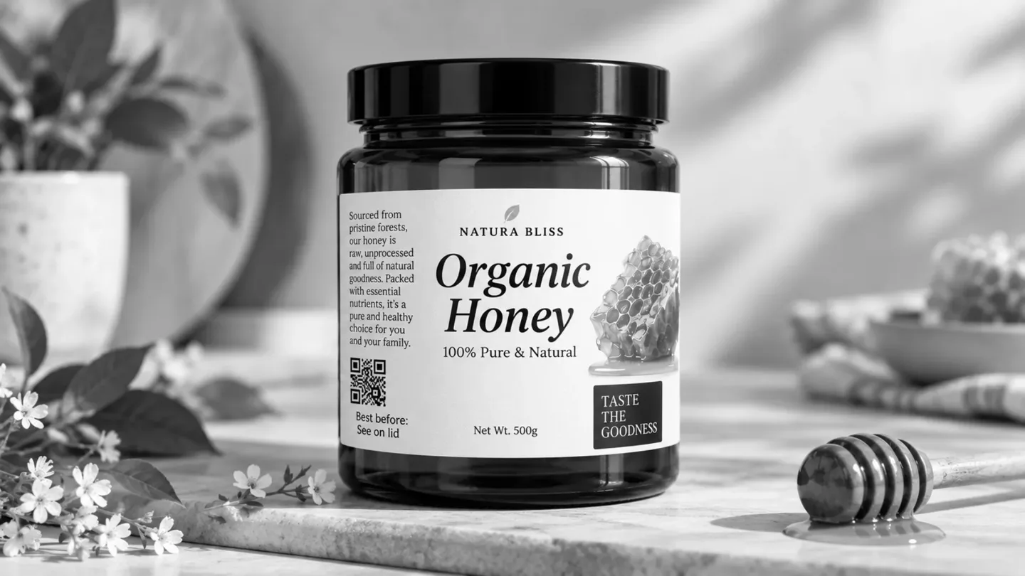 Label design mistakes shown on a honey jar product label, highlighting common packaging design issues.