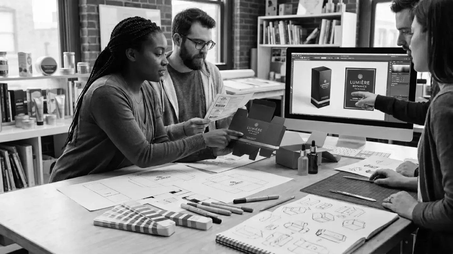 Creative team handling packaging design process from concept to prototype