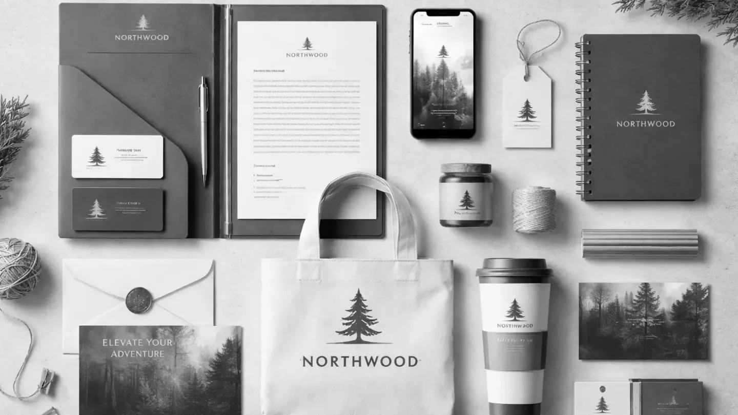 Complete brand identity design kit with logo, print materials, and product branding