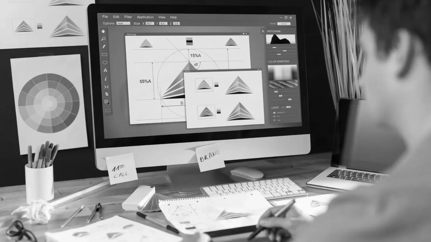 Detailed graphic design process of making a logo for a brand