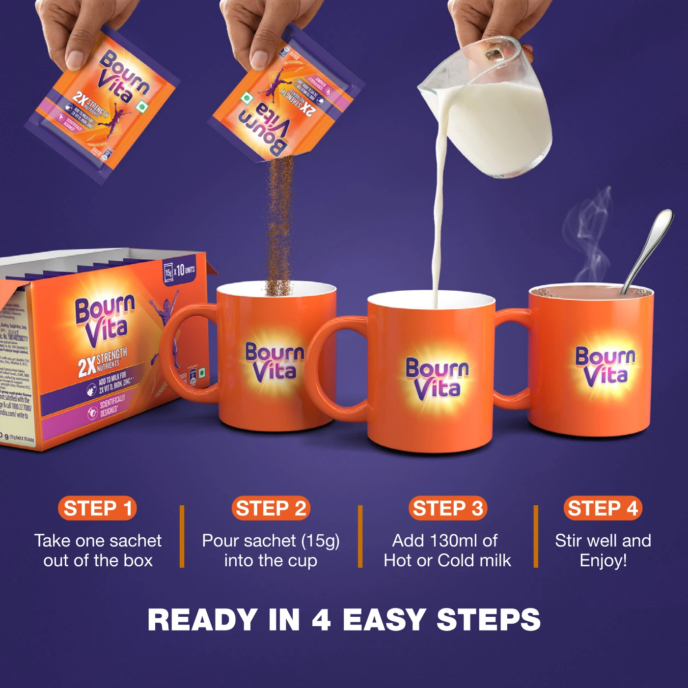 Preparation: four steps from sachet to mug