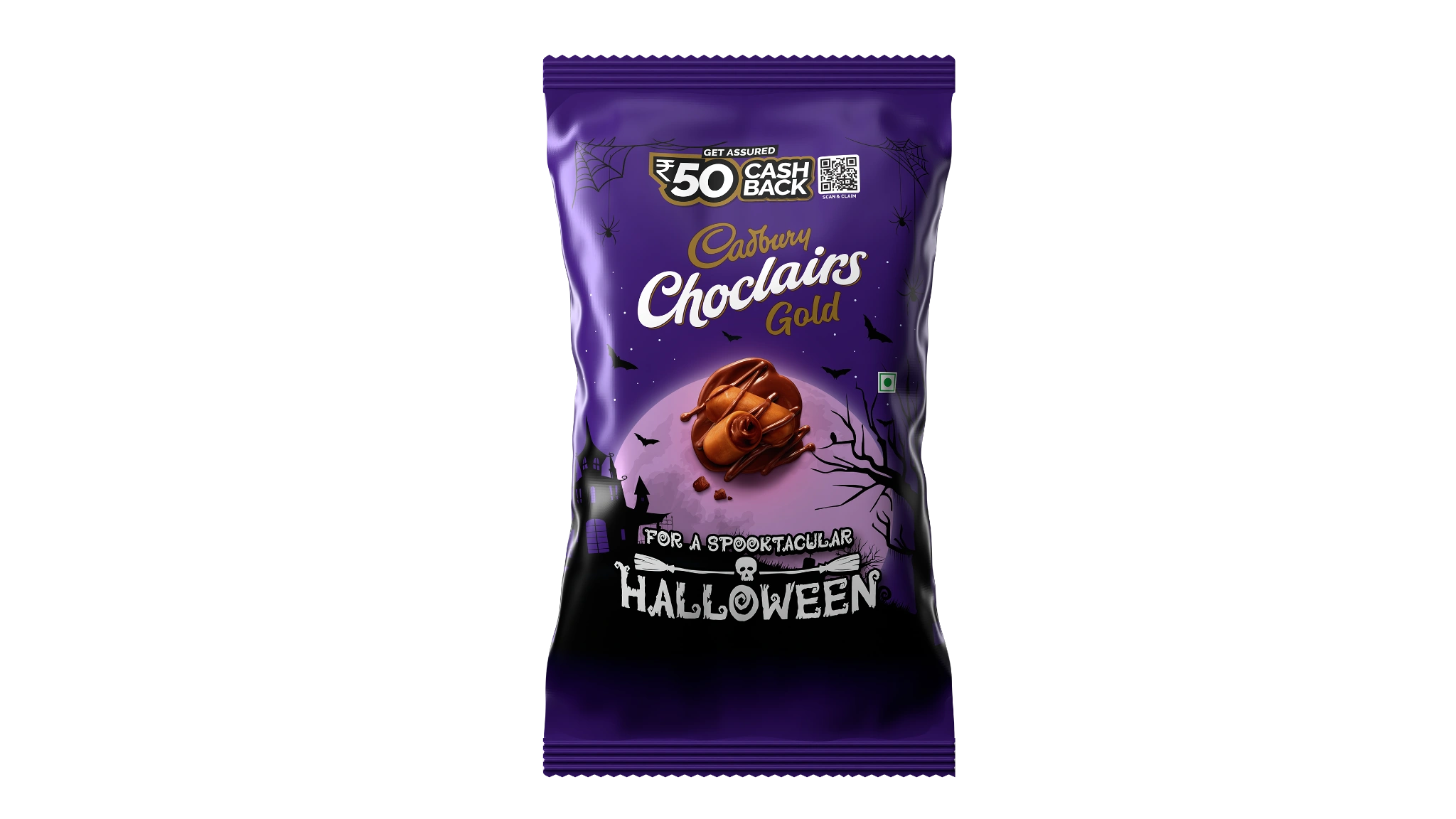 Cadbury Choclairs Gold Halloween pack on a purple background