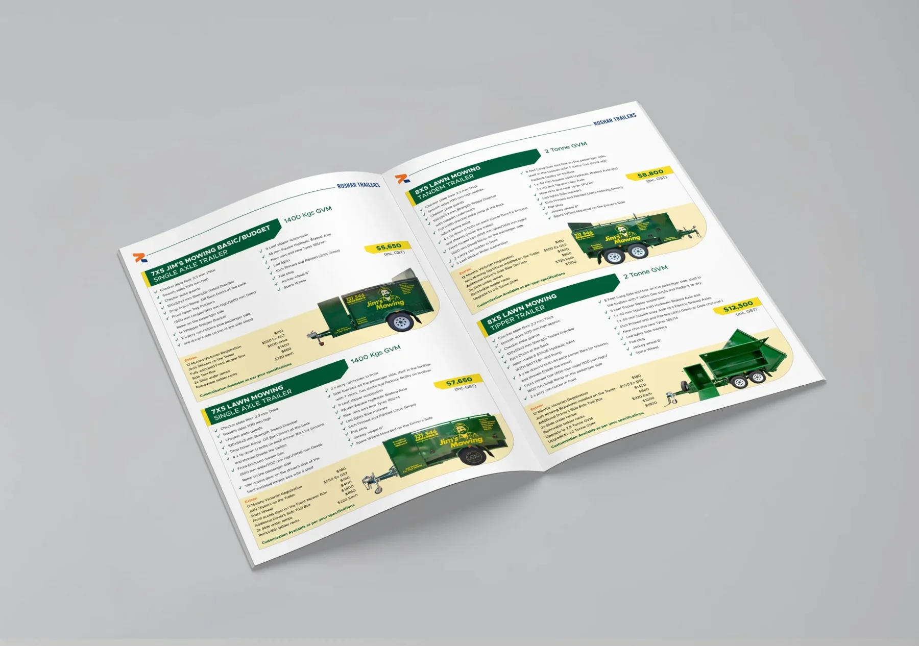 Brochure inner page design for Roshar Trailers Jim's Mowing trailer