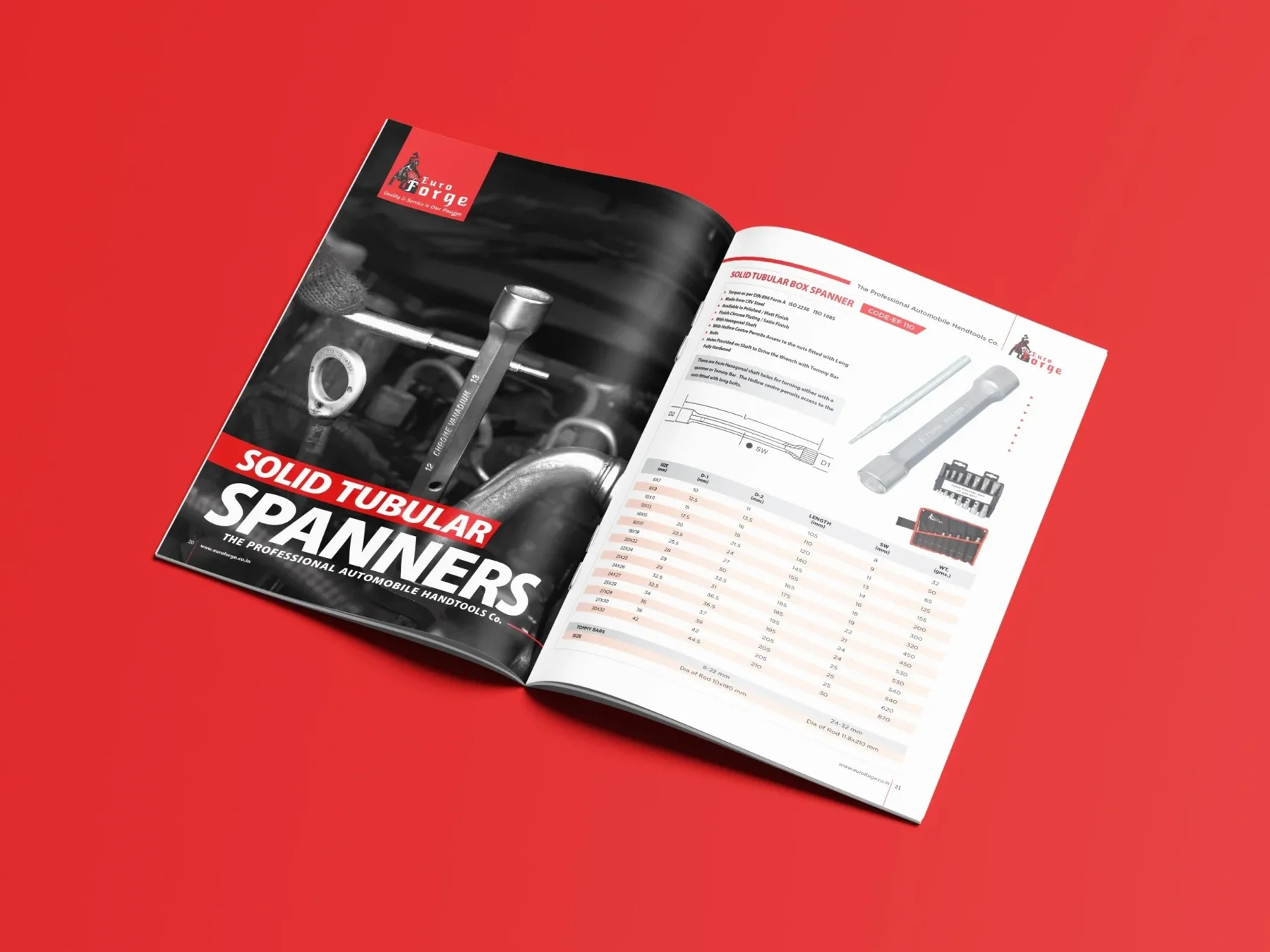 Catalogue inner page design for Euro Forge solid tubular spanners and box spanner range