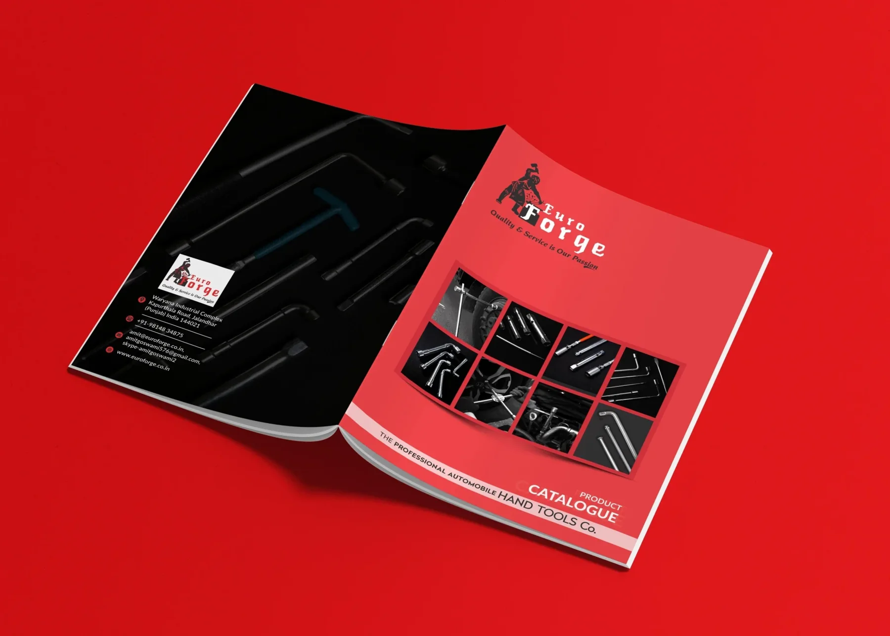 Product catalogue cover and back page design for Euro Forge automobile hand tools