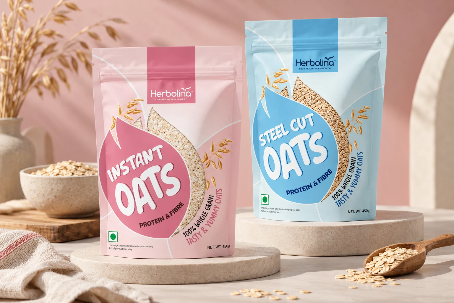 Herbolina Instant Oats and Steel Cut Oats packs shown together