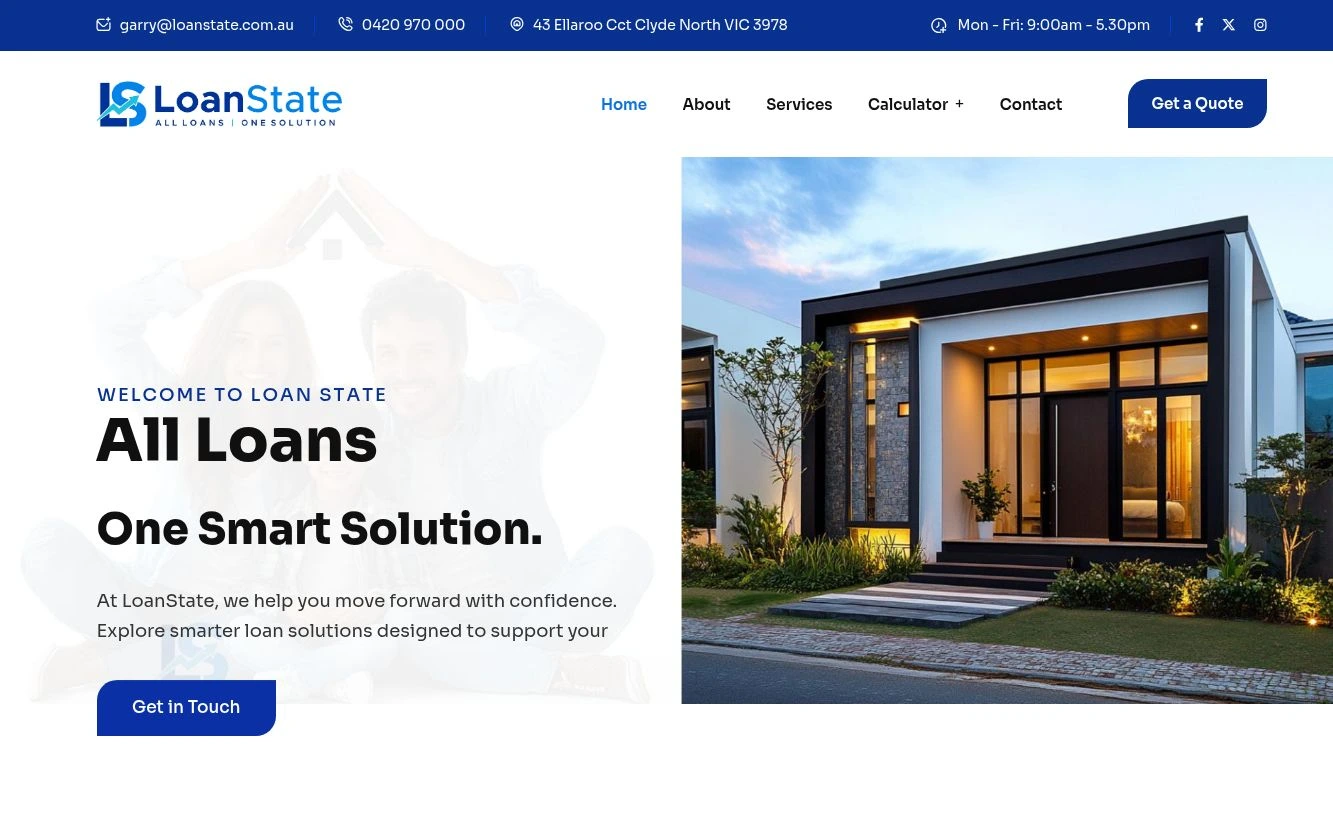 Loanstate homepage — complete navigation, headline and house imagery