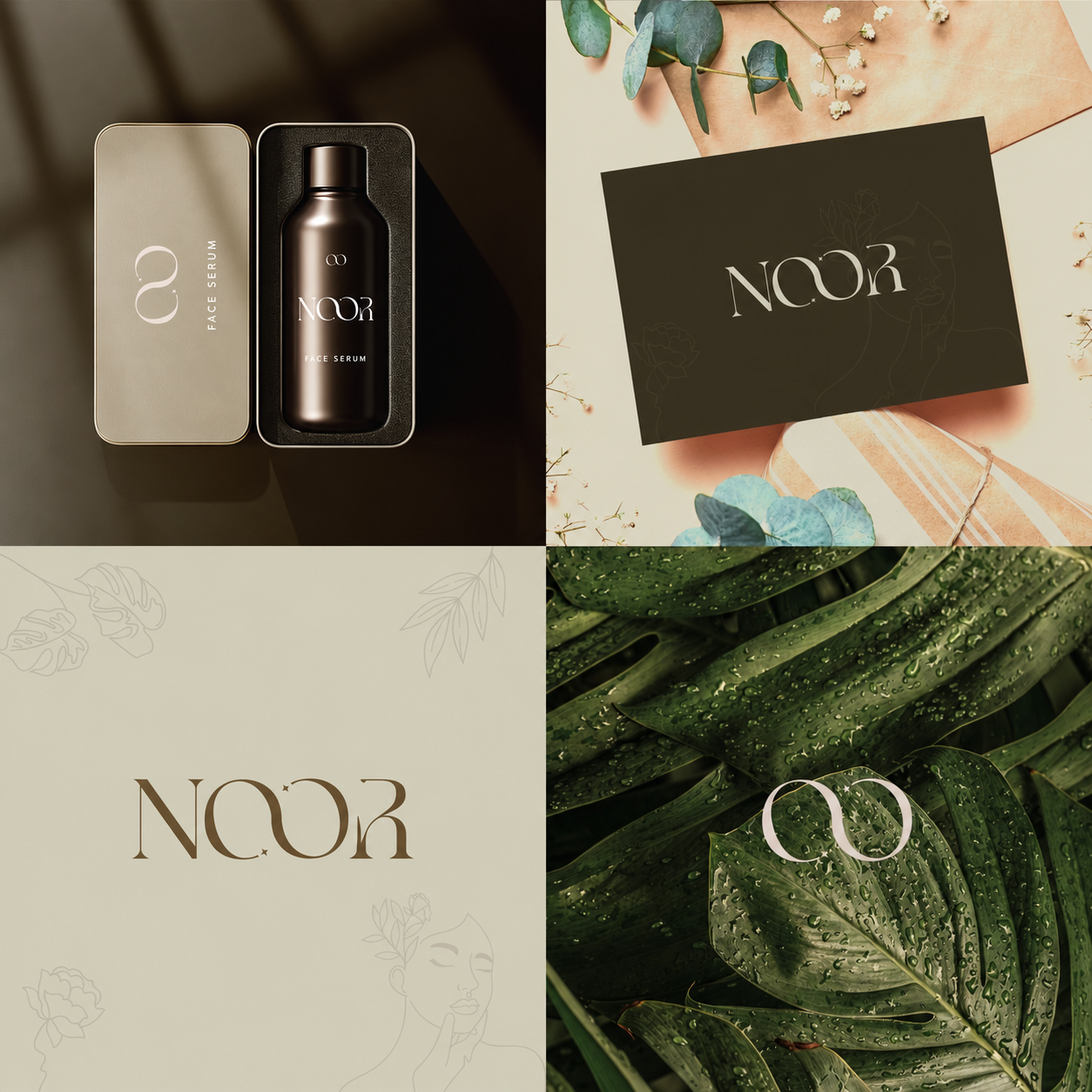 Noor brand identity with refined serum packaging, wordmark, stationery and botanical monogram
