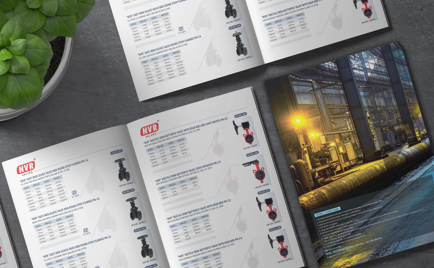 NVR catalogue spread with product photographs and technical specifications