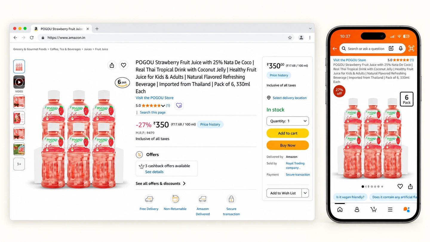 Pogou strawberry Amazon listing shown in desktop web and mobile app presentation mockups