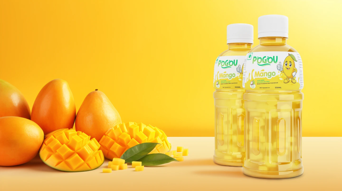 Pogou mango bottles on a yellow background with mango fruit