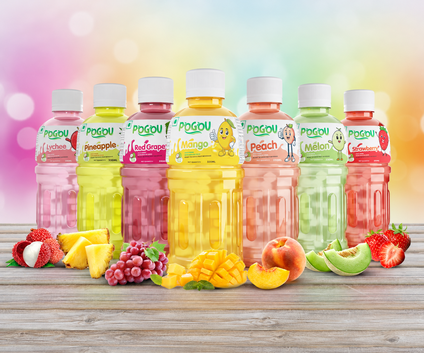 Pogou fruit drink range with colourful fruit backgrounds and bottle packaging