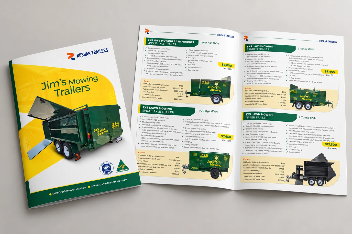 Jim’s Mowing trailer brochure cover and open product spread