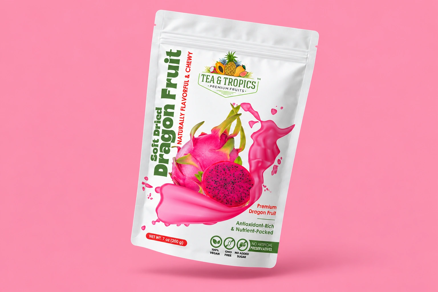 Tea and Tropics dragon fruit pouch on a pink studio background