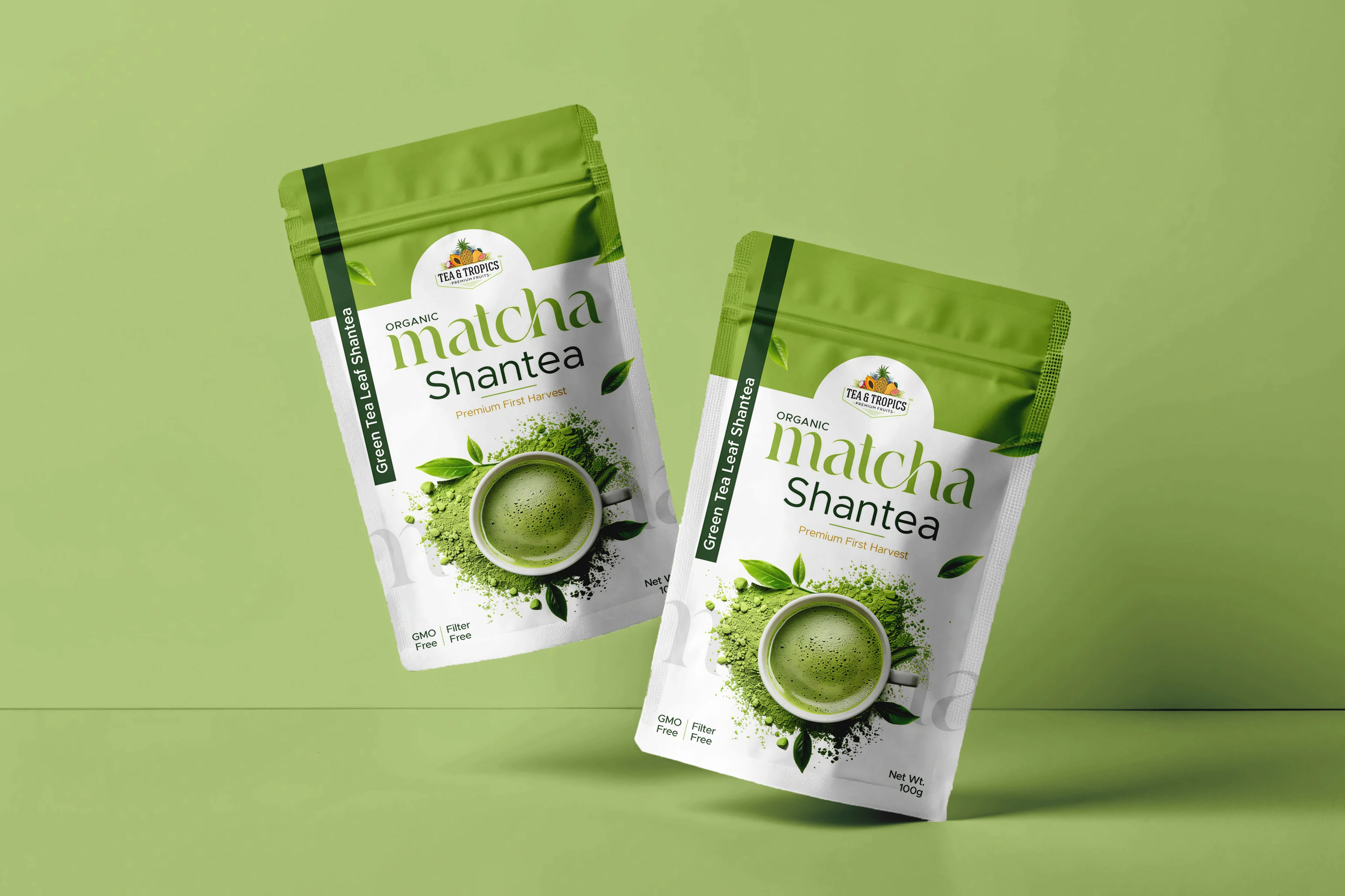 Tea and Tropics Matcha Shantea pouch mockups on a green background