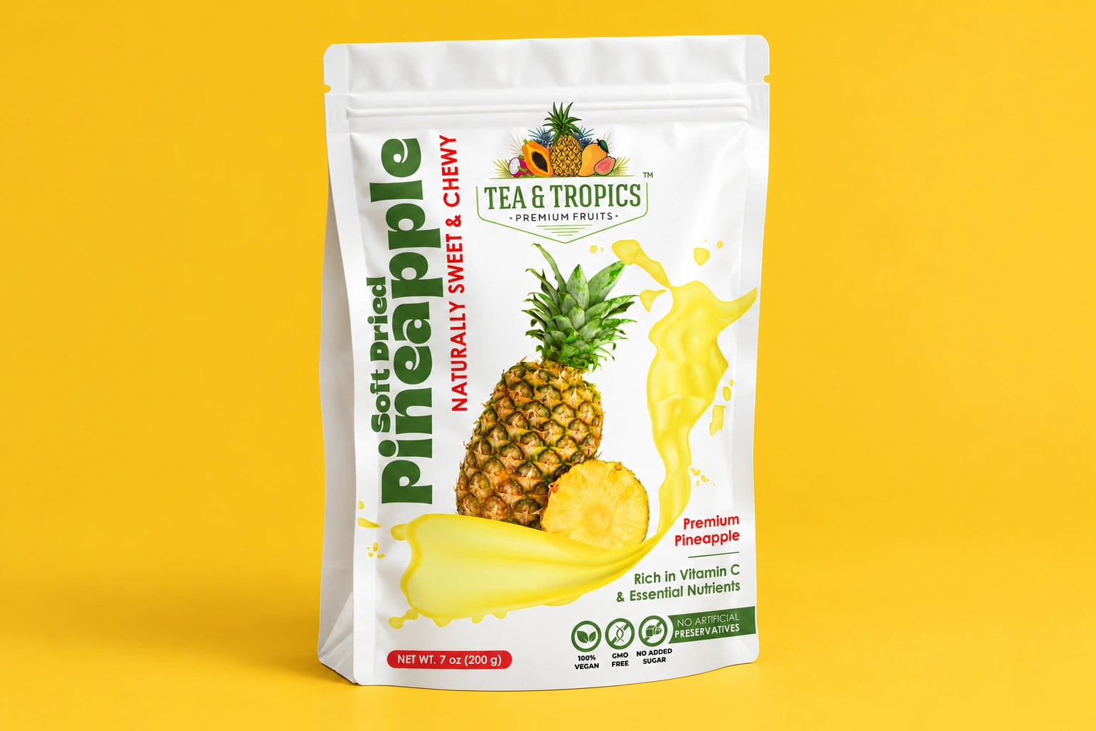 Tea and Tropics pineapple pouch on a yellow studio background